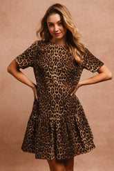 BiBi Tie Back Leopard Round Neck Short Sleeve Dress OutfitFlow